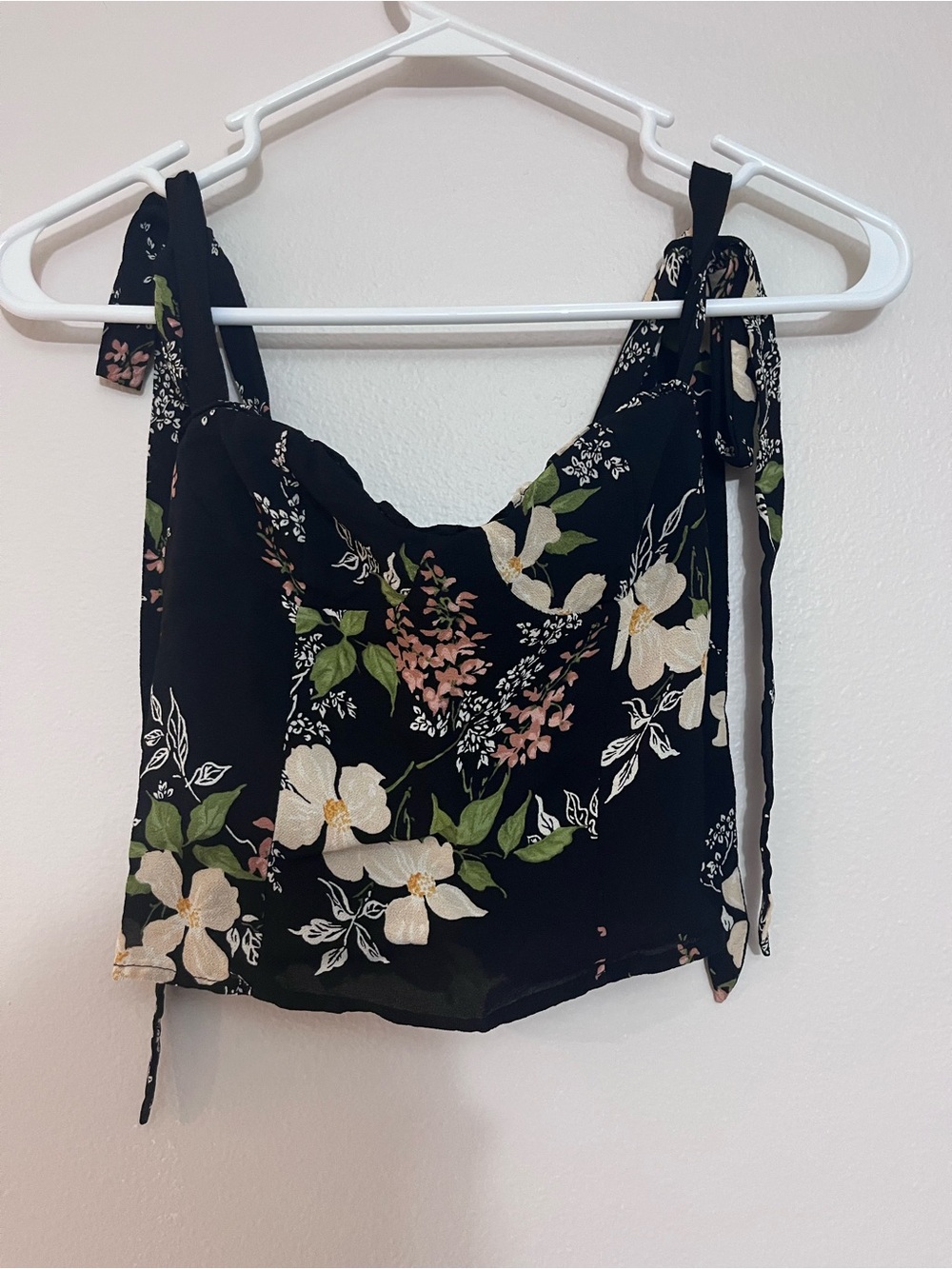 Reformation Black Floral Tie-Shoulder Crop Camisole